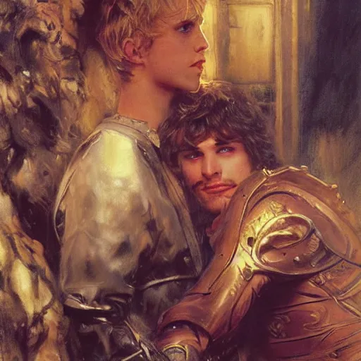 Image similar to attractive male, arthur pendragon who has blond hair confesses his love to attractive male, merlin who has dark hair. highly detailed painting by gaston bussiere, craig mullins, j. c. leyendecker 8 k