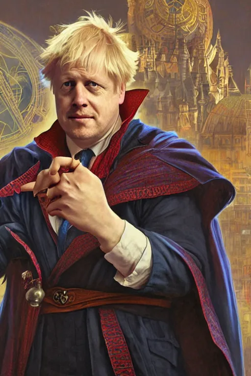 Prompt: Boris Johnson as Dr. Strange, highly detailed character in digital fantasy, oil painted portrait, artstation, concept art, hard focus, smooth, sharp focus, hyper realistic, illustrations, works by Artgerm and Greg Rutkowski, Alphonse Mucha and Craig Mullins, James Gene, Andrey Ryabovichev, Mark Simonetti and Peter Morbacher, 16 thousand