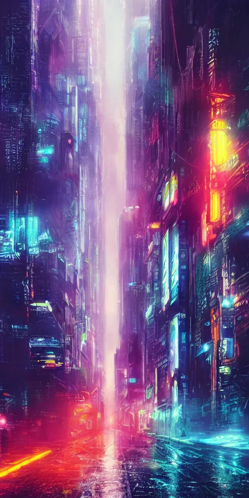 Image similar to hyper realistic cyberpunk cityscape,neon,rain,blade runner, looming surreal sky, stars,moon, cinematic lighting, detailed oil painting, 8k