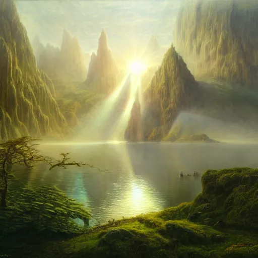 Image similar to a beautiful and highly detailed matte painting of the lost land by a beautiful lake, thick mist, sunlight, celtic, psychedelic, epic scale, insanely complex, hyperdetailed, sharp focus, hyperrealism, artstation, cgsociety, 8 k, bright colors, by caspar friedrich, albert bierstadt, james gurney, brian froud,