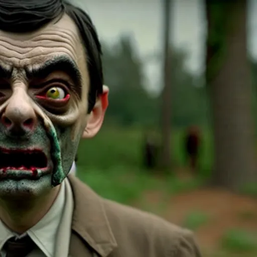 Image similar to mr. bean as zombie in the walking dead. movie still. cinematic lighting.