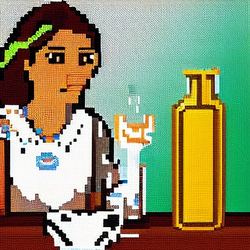 Image similar to pixel art, close up, gypsy woman sits at a wooden table, on the table are flasks of glowing liquids