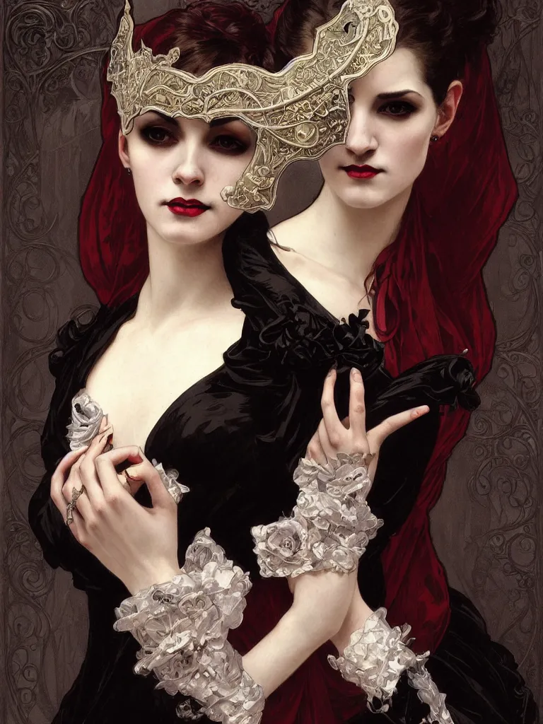 Image similar to elegant single victorian vampire holding a venetian mask on her hand, portrait, intricate, elegant, highly detailed, digital painting, artstation, occult symbols, ceremonial, enochean, mystical, concept art, rough, sharp focus, illustration, art by artgerm and greg rutkowski and alphonse mucha and cris ortega and serge birault