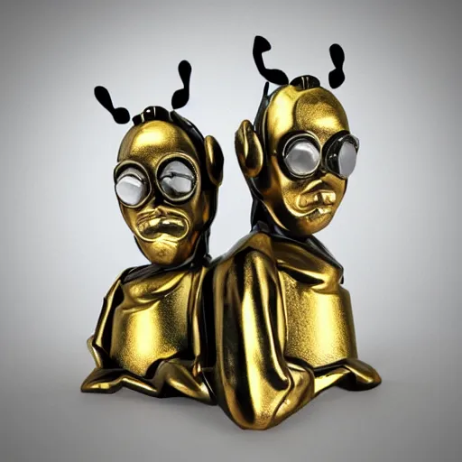 Image similar to portrait of two 3d bees made of metal, shiny, singing onstage into one microphone like Paul McCartney and George Harrison