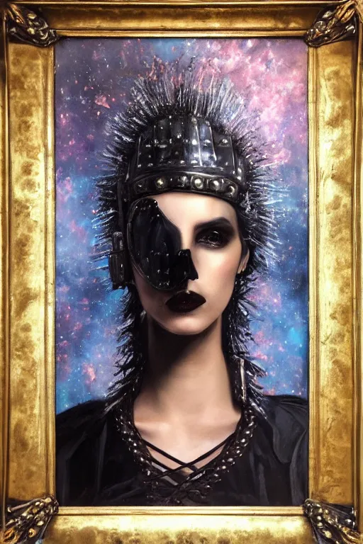 Image similar to hyperrealism oil painting, close - up portrait of punk gothic medieval brunette fashion model, knight, steel gradient mixed with nebula sky, in style of baroque