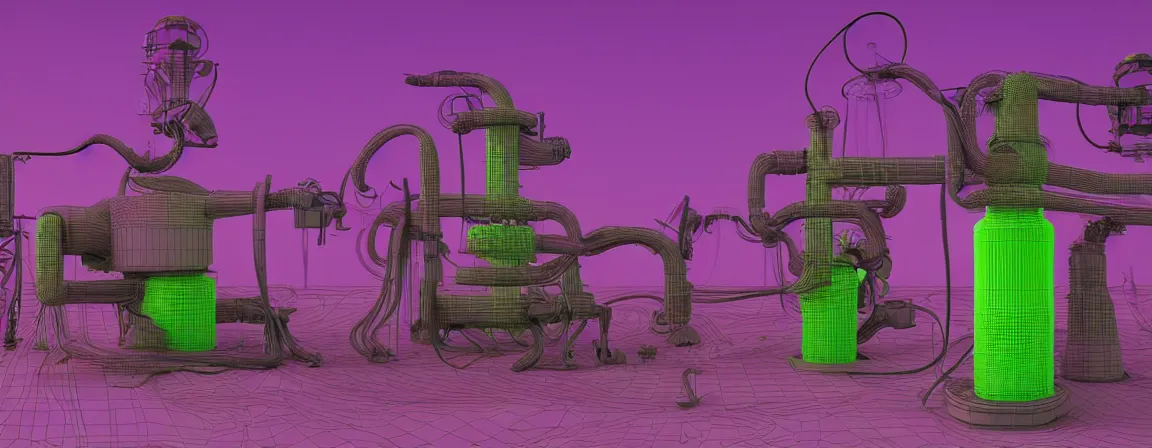 Image similar to a machine for making snake oil, purple and green, highly technical, art by glenn fabry and ed roth, 3 d rendering by beeple, fine detail, 8 k, snake machine