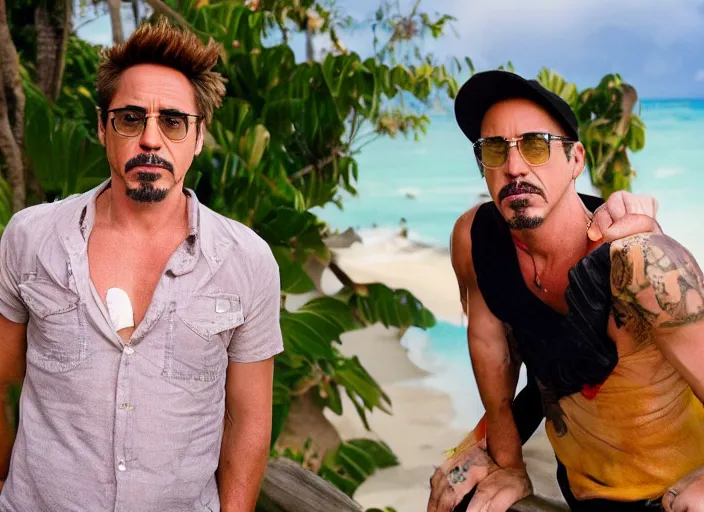 Image similar to a full portrait photo of robert downey jr holiday in bali, f / 2 2, 3 5 mm, 2 7 0 0 k, lighting, perfect faces, award winning photography.