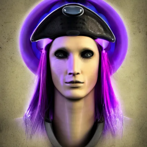 Image similar to a portrait photo of a futuristic sci - fi pirate, purple themed, cybernetically enhanced pirate, cyborg