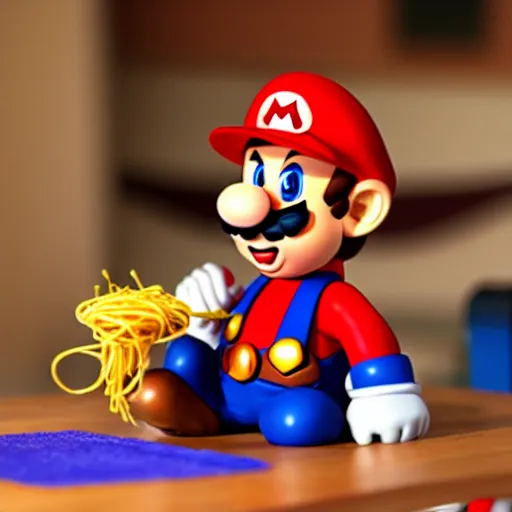 Image similar to photo of super mario sitting at a table eating spaghetti, highly detailed, extremely high quality, hd, 4 k, 8 k, canon 3 0 0 mm, professional photographer, 4 0 mp, lifelike, top - rated, award winning, realistic, detailed lighting, detailed shadows, sharp, no blur, edited, corrected, trending