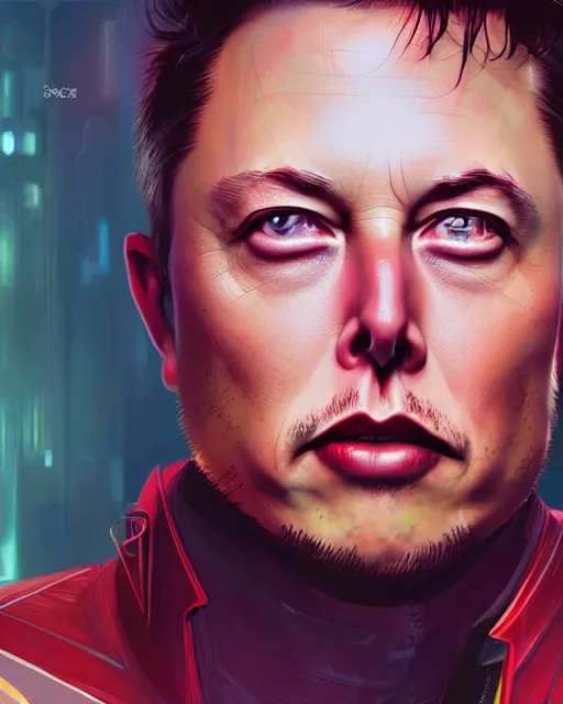 Prompt: a stunning close up portrait of elon musk as the high lord of cyberpunk, digital art by ross tran and angel ganev, highly detailed, trending on artstationhq