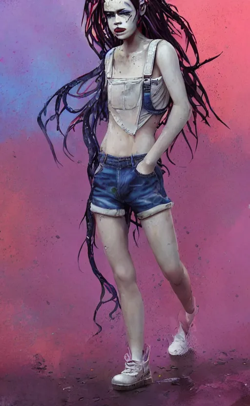 Prompt: Full body, attractive messy woman with rainbow hair, soft eyes and narrow chin, fit dainty figure, long hair straight down, torn overalls, short shorts, fishnet stockings, combat boots, basic white background, side boob, in the rain, wet shirt, style by Jordan Grimmer and greg rutkowski, chaos, crisp lines and color,