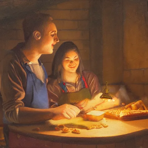 Prompt: oil painting of one young man and one young woman baking waffles in romantic light