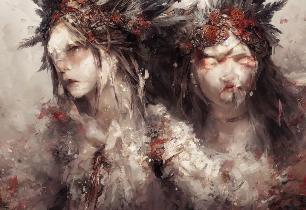 Prompt: breathtaking detailed painting of full size mononoke princess, by ruan jia, gauze angel dress, detailed realistic facial features, amalgamation of embers and feathers, 8 k, concept art, matte, sharp focus, rembrandt style