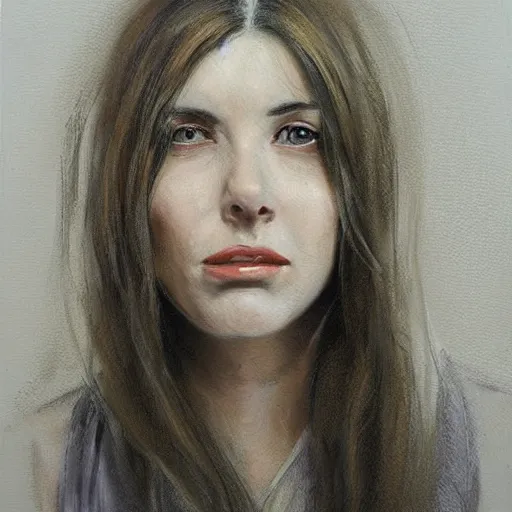 Prompt: realistic! portrait studies of a woman!! in a museum! gallery, grim, solitary! by jane atche - h 8 0 0