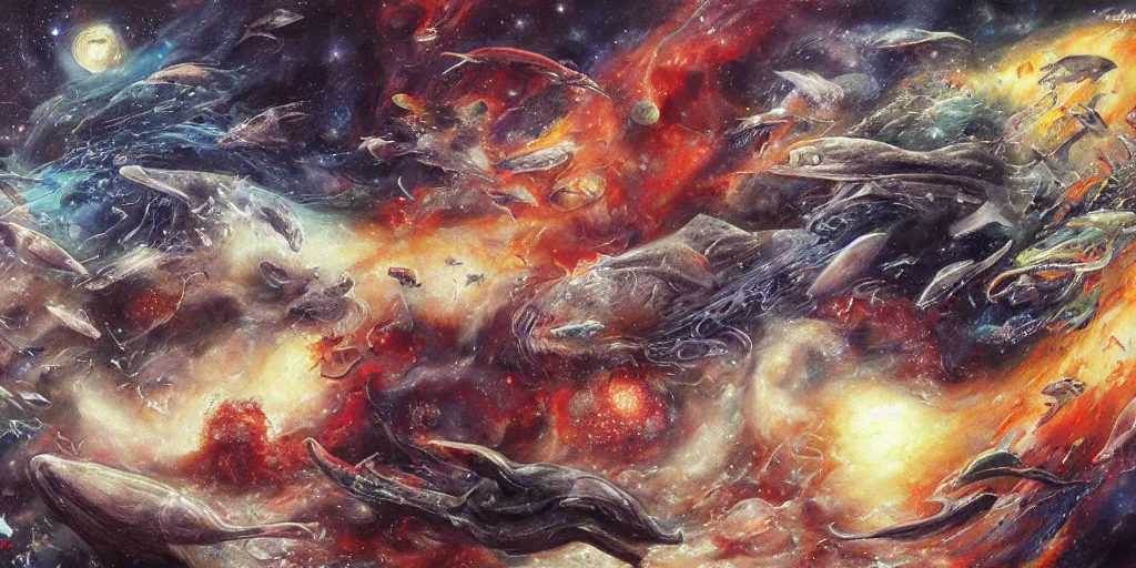 Image similar to detailed painting of aquatic animals swimming in space, whales, turtles, sting rays, colorful nebulas, planets, in the style of ayami kojima, artem demura