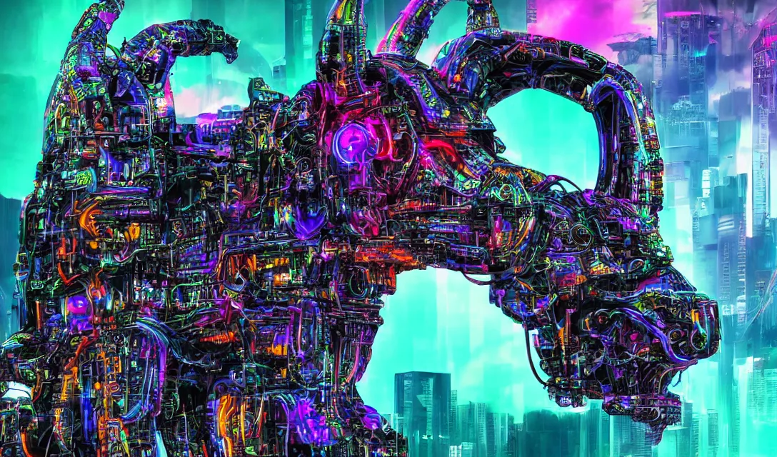 Image similar to complex cyberpunk machine background merged with evil cybernetic goat head, symmetric, multicolored digital art, 8k