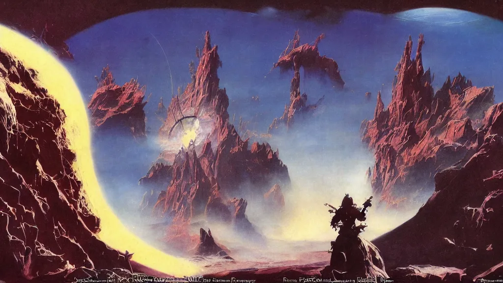 Image similar to journey to the center of the universe by frank frazetta and bruce pennington, cinematic matte painting