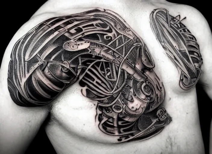 Image similar to biomechanical tattoo, in the style of h. r. giger