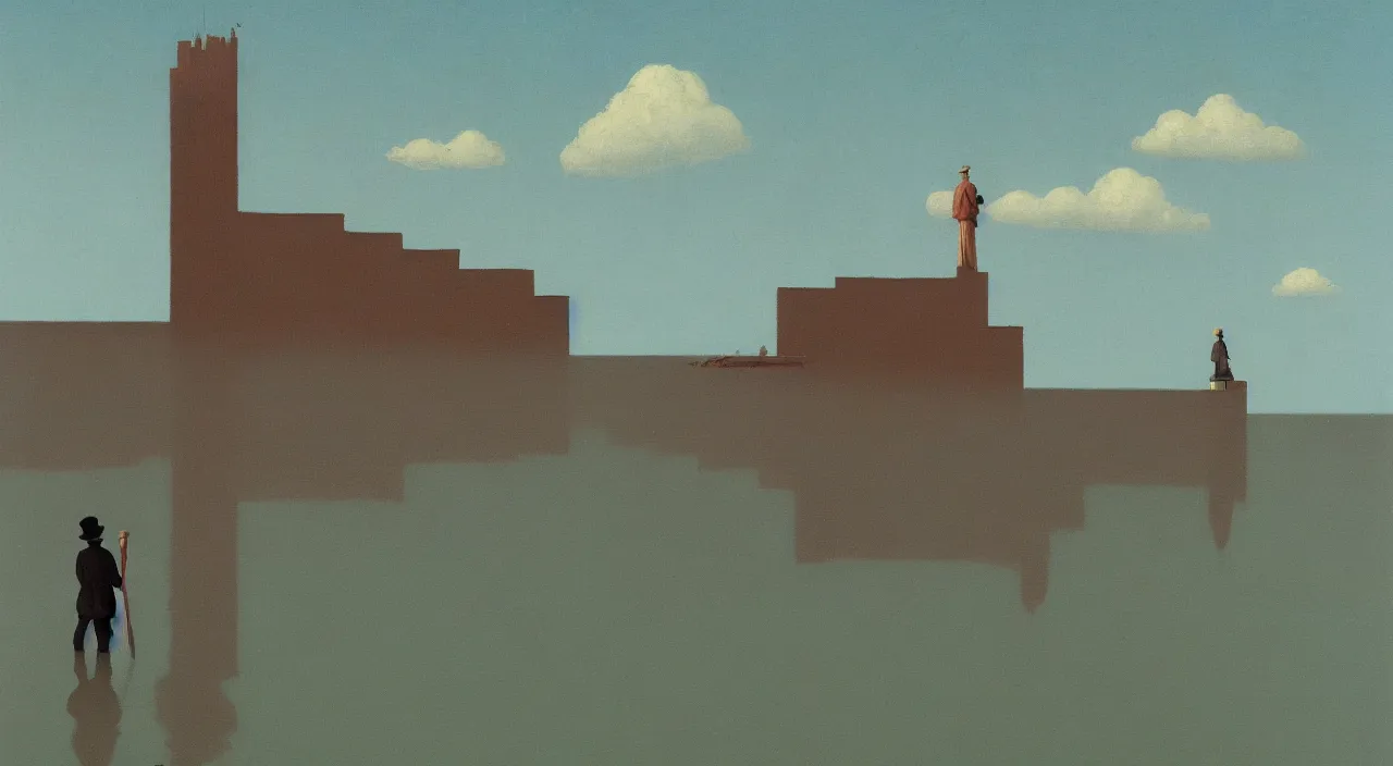 Prompt: single flooded simple minimalist clay tower, very coherent and colorful high contrast!! masterpiece by rene magritte simon stalenhag carl spitzweg syd mead norman rockwell edward hopper james gilleard, dark shadows, sunny day, hard lighting