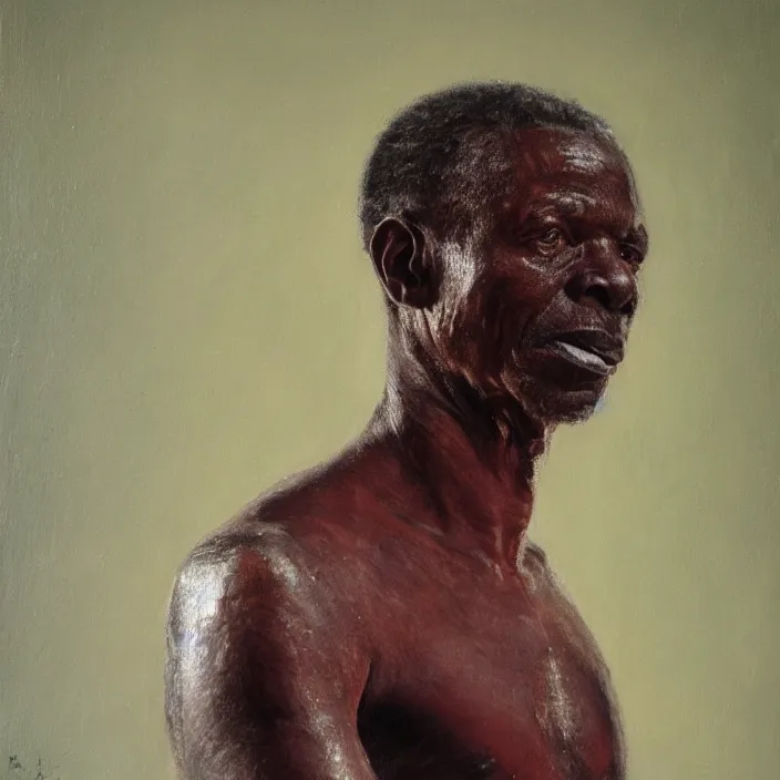 Image similar to a painting of a elder African man by Lynette Yiadom-Boakye . dramatic angle, ethereal lights, details, smooth, sharp focus, illustration, realistic, cinematic, artstation, award winning, rgb , unreal engine, octane render, cinematic light, macro, depth of field, blur, red light and clouds from the back, highly detailed epic cinematic concept art CG render made in Maya, Blender and Photoshop, octane render, excellent composition, dynamic dramatic cinematic lighting, aesthetic, very inspirational, arthouse.