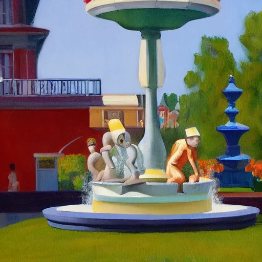 Prompt: a fine art painting of the ingame mascots from planet coaster in a water fountain with planet coaster in view in the style of edward hopper and wes anderson.