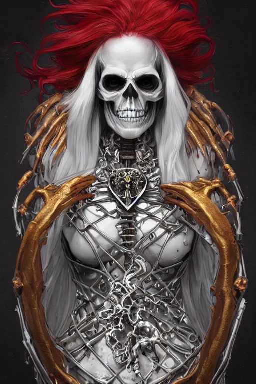 Image similar to woman lich skeleton made of quicksilver covered with blood, long red hair, golden necklace, ultra realistic, concept art, intricate details, highly detailed, photorealistic, octane render, 8 k, unreal engine. dnd art by artgerm and greg rutkowski and alphonse mucha