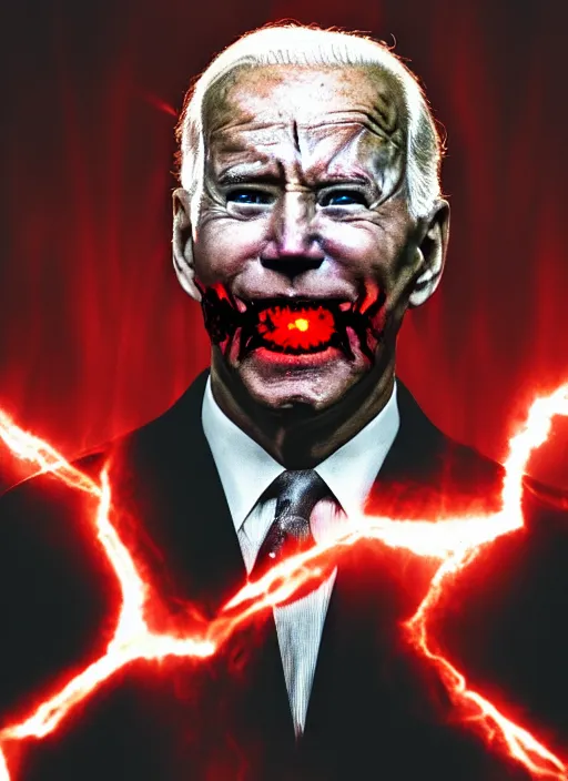 Image similar to hyper realistic ultra realistic horror terror dimensional photo furious glowing red eyes biden, high quality photo, detailed , 8k