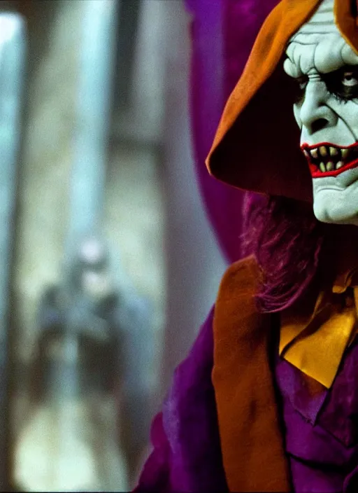 Image similar to movie still of skeletor as the joker in dark knight, 4 k