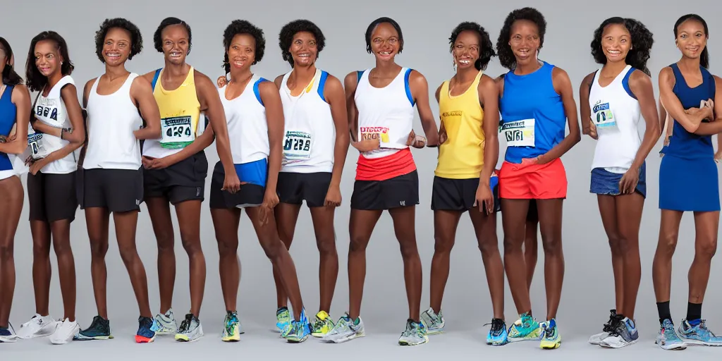 Image similar to Studio Photograph of starting line of many diverse marathon runners. multiple skintones. Frontal. Shot on 30mm Lens. Advertising Campaign. Wide shot. Fashion Studio lighting. White background.