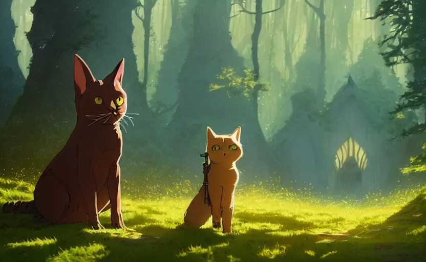 Image similar to a bounty hunter and her cat companion their woodland home in a fantasy studio ghibli animated film, d & d, fantasy concept art, global illumination, beautiful composition, volumetric lighting, octane render by studio ghibli and christopher balaskas, highly detailed