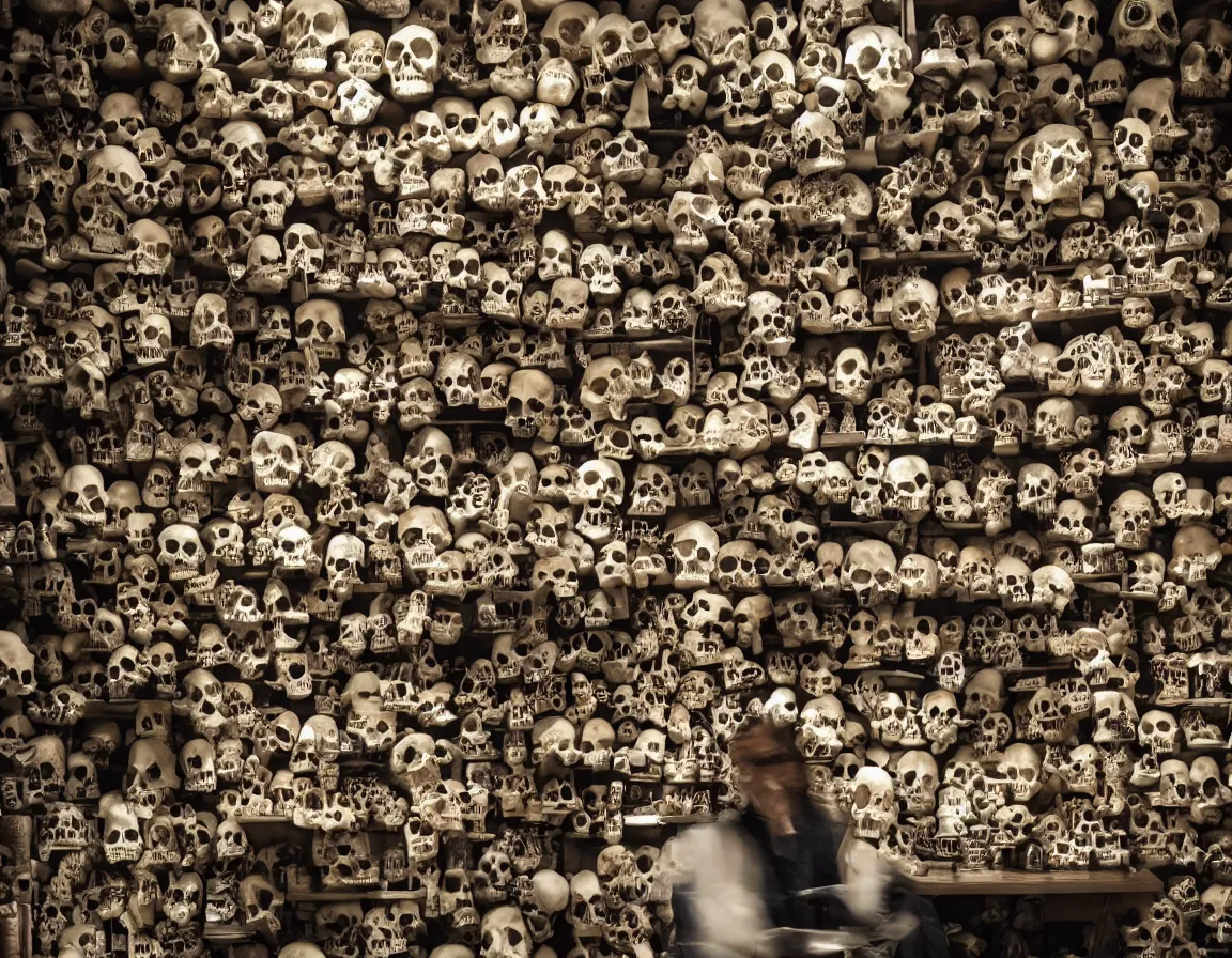 Image similar to mad scientist hunched over a table in his laboratory, surrounded by dozens of shelves of skulls, all different sizes and shapes. Eerie lighting, photographic, cinematic, dramatic, establishing shot