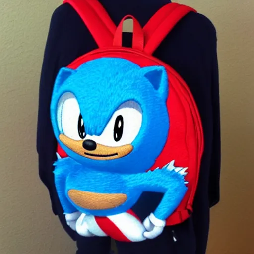 Prompt: a backpack embroidery obama sonic the hedgehog super Mario