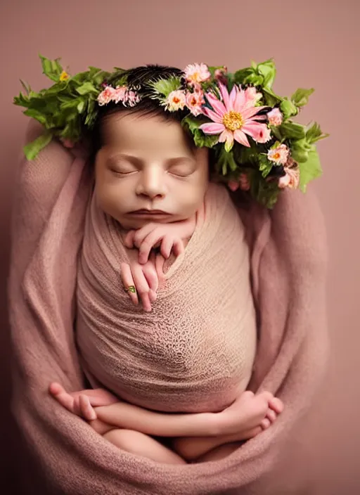 Prompt: portrait of a newborn woman, symmetrical face, flowers in her hair, she has the beautiful calm face of her mother, slightly smiling, ambient light