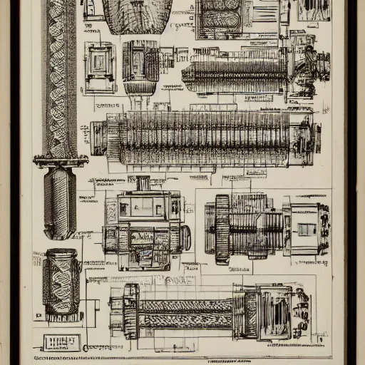 Prompt: schematic blueprint of highly detailed ornate filigreed convoluted ornamented elaborate medical equipment