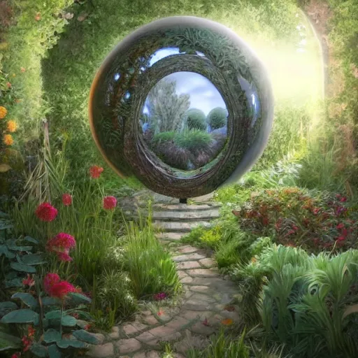 Prompt: a portal in a mysterious garden filled with spherical plants, by Claesz, Pieter, trending on art station