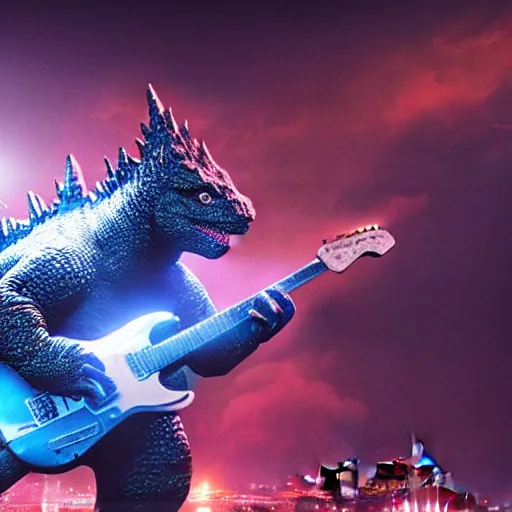 Prompt: a high quality photo of Godzilla playing electric guitar, in New York, render, ultra realistic, cgsociety