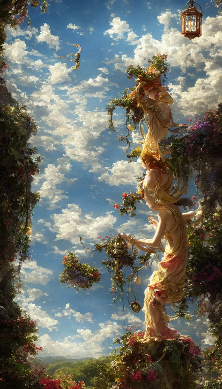 Image similar to wind deity enjoying the view from his stone heavenly palace, decorated with windchimes and paper lanterns, stunning nature and clouds in background, digital art, stanley artgerm lau, greg rutkowski, thomas kindkade, alphonse mucha, loish, norman rockwel