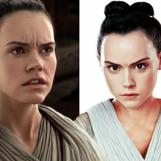 Image similar to Rey from Star Wars twenty years older as a Jedi Master