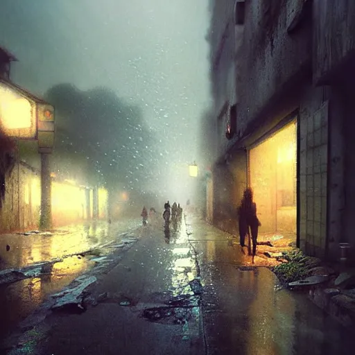 Image similar to walking around dilapidated ikeshima island, nagasaki, japan. volumetric lighting, rain, spring night, dark overcast weather, realistic illustration, perfectly shaded, soft painting, art by krenz cushart and wenjun lin