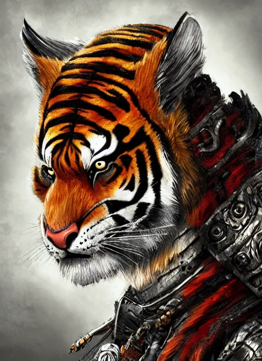 Image similar to realistic detailed semirealism tiger man wearing samurai armor. Tiger_character, tiger_beast, 獣, FFXIV, iconic character splash art, Detailed fur, detailed metal textures, 4K high resolution quality artstyle professional artists WLOP, Aztodio, Taejune Kim, Guweiz, Pixiv, Instagram, Artstation