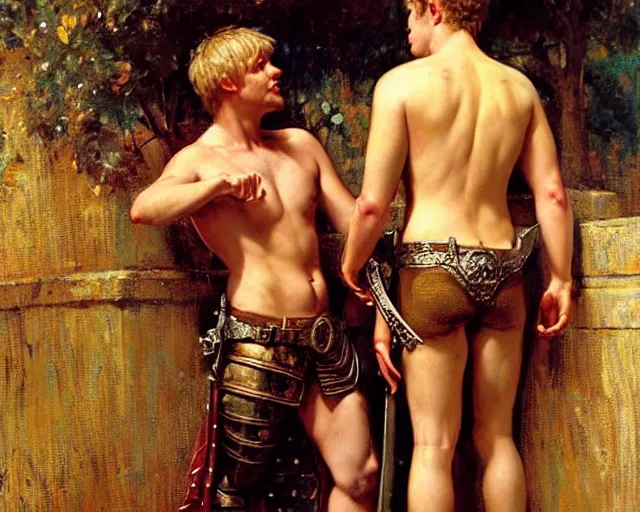 Prompt: arthur pendragon shirtless but still with pants flirting wit his knight. the knight is also flirting back, highly detailed painting by gaston bussiere, craig mullins, j. c. leyendecker