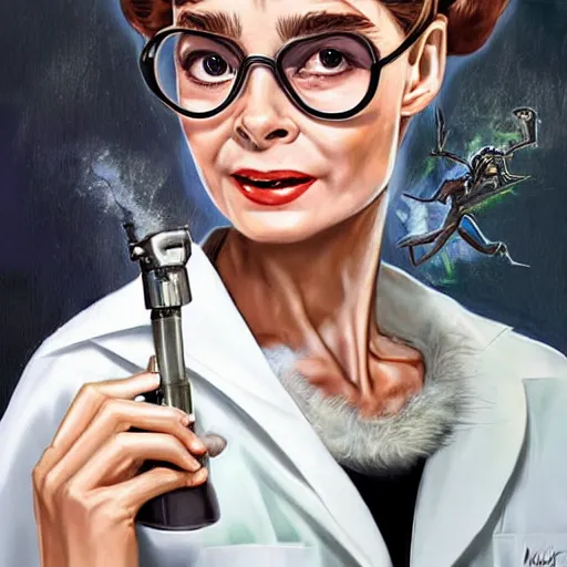Image similar to a highly detailed epic cinematic concept art CG render digital painting artwork costume design: Audrey Hepburn as a 1950s crazy mad scientist lunatic in a lab coat, with wild unkempt hair. By Mandy Jurgens, Simon Cowell, Barret Frymire, Dan Volbert, David Villegas, Irina French, Heraldo Ortega, Rachel Walpole, Jeszika Le Vye, trending on ArtStation, excellent composition, cinematic atmosphere, dynamic dramatic cinematic lighting, aesthetic, very inspirational, arthouse