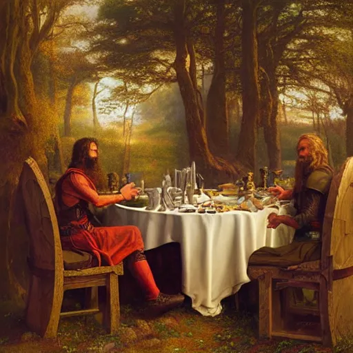 Prompt: matte painting of king arthur and lancelot sitting at the round table, edward robert hughes, tony sart