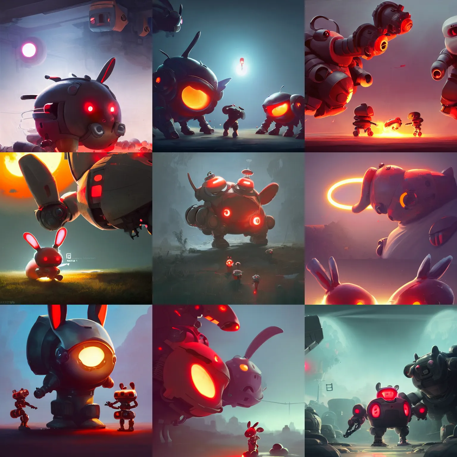 Prompt: sideview of cute chubby dangerous angry 3 years old robots kids in epic battle pose ruling the world with big glowing red rabbit eyes and big giant oversized rabbit ears , big complex belly opening mechanism , epic moody studio light, wapor wave retro design trending on artstation by greg rutkowski