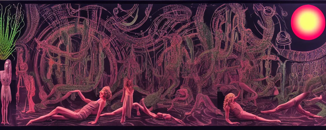 Image similar to 1978 cut out collage, theater stage, neon Roman, dusk on Jupiter, epic theater, deep sea ambience, ancient plants, film noir, in part by Alex Grey, part by August Ferdinand Möbius, composition William S Boroughs, written by H. P. Lovecraft