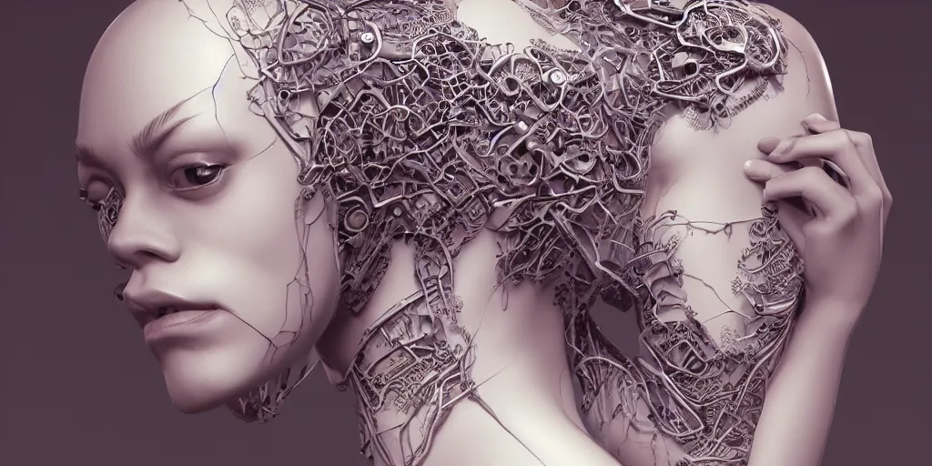Prompt: photorealistic gorgeous symmetrical female cyborg, holding intimately, highly detailed, arms, knees, back, intricate, filigree, in the style of beth cavener, jin kagetsu, wlop, masterpiece, concept art, high key lighting, ambient lighting, octane render, 8 k, artstation