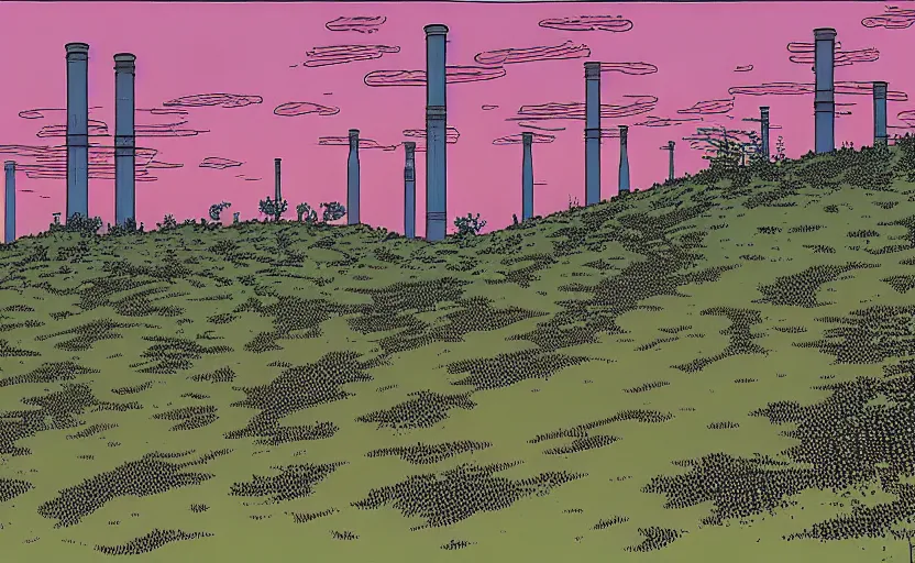 Prompt: industrial chimneys rising out of the undergrowth by moebius