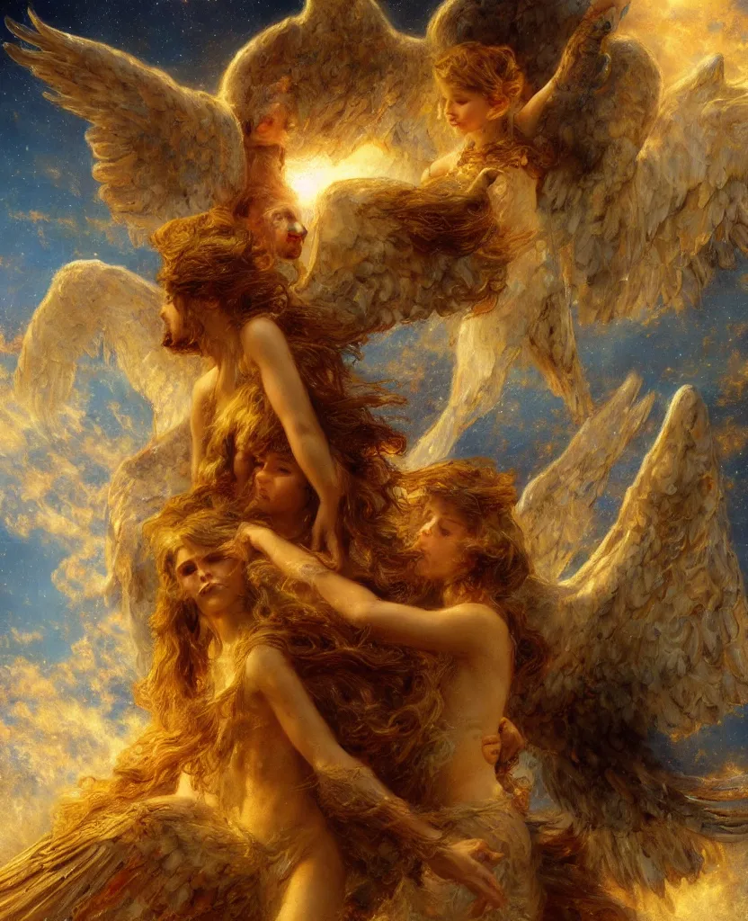 Prompt: two angels going back to heaven, by gaston bussiere, epic painting, semi realism, artstation, big wings, night sky, octane render, 8 k, golden ratio