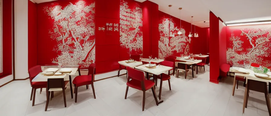 Image similar to a beautiful simple interior render of small roasted string hotpot restaurant restaurant yan'an, wall corner, from china, red paper wall and white tile floor, rectangle white porcelain table, fine simple delicate structure, chinese style, simple composition, simple style structure decoration design, victo ngai, 4 k hd