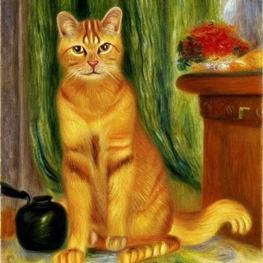 Image similar to a golden cat sitting on a throne in a modern kitchen in the style of renoir,